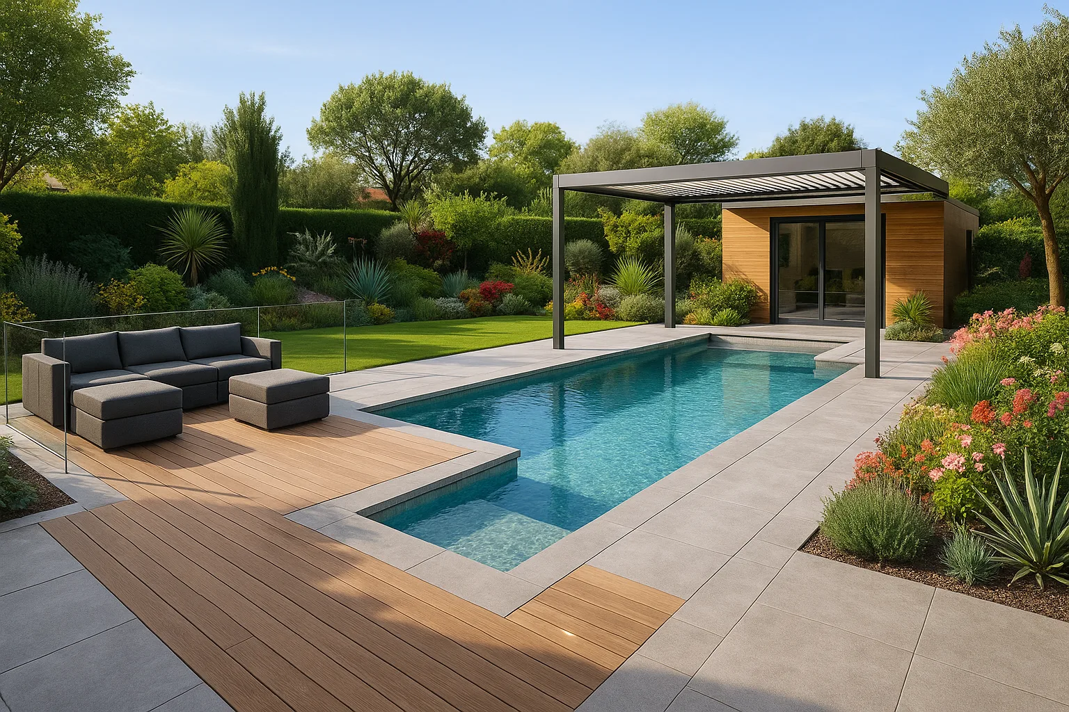 Barri&egrave;re de s&eacute;curit&eacute; et &eacute;quipements autour de la piscine
