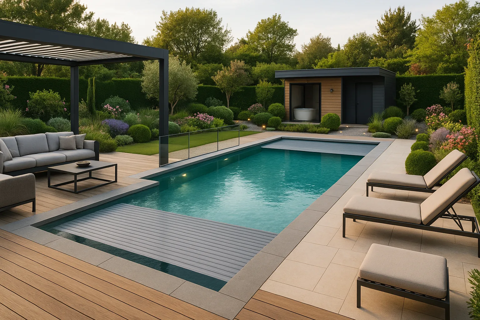 Espace piscine moderne et int&eacute;gr&eacute; dans le jardin